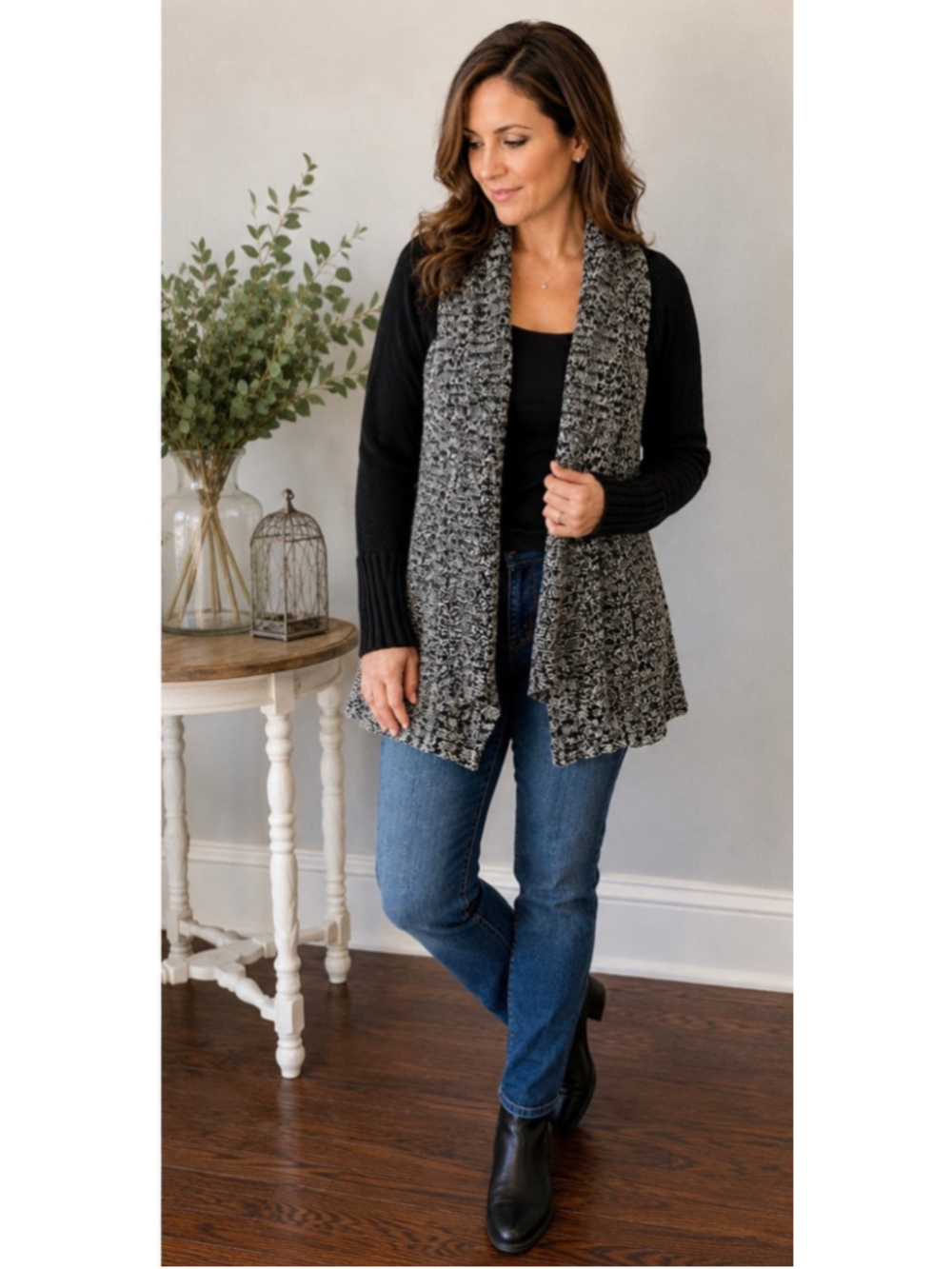 DKNY Black & Gray Marled Colorblock Open Front Cardigan Sweater Size Medium